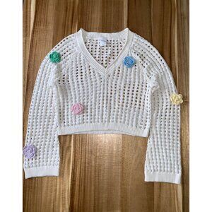 Wild Fable Womens Open-Knit Cropped Sweater w/ Colorful Crochet Flowers Medium